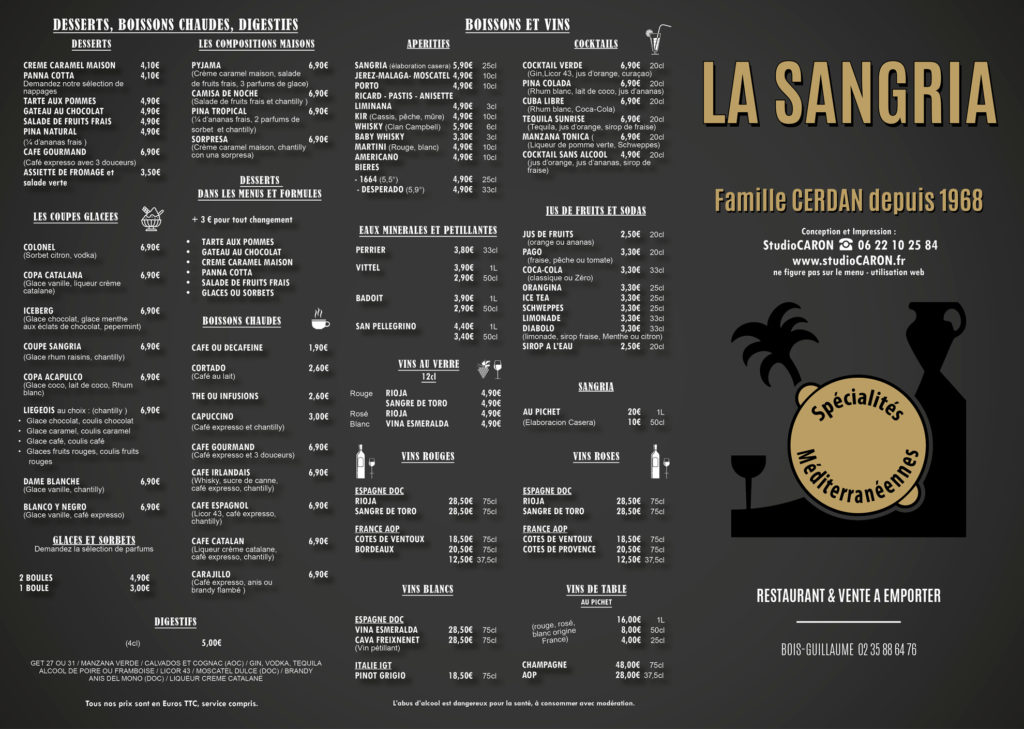 restaurant la sangria menu et formules boissons 